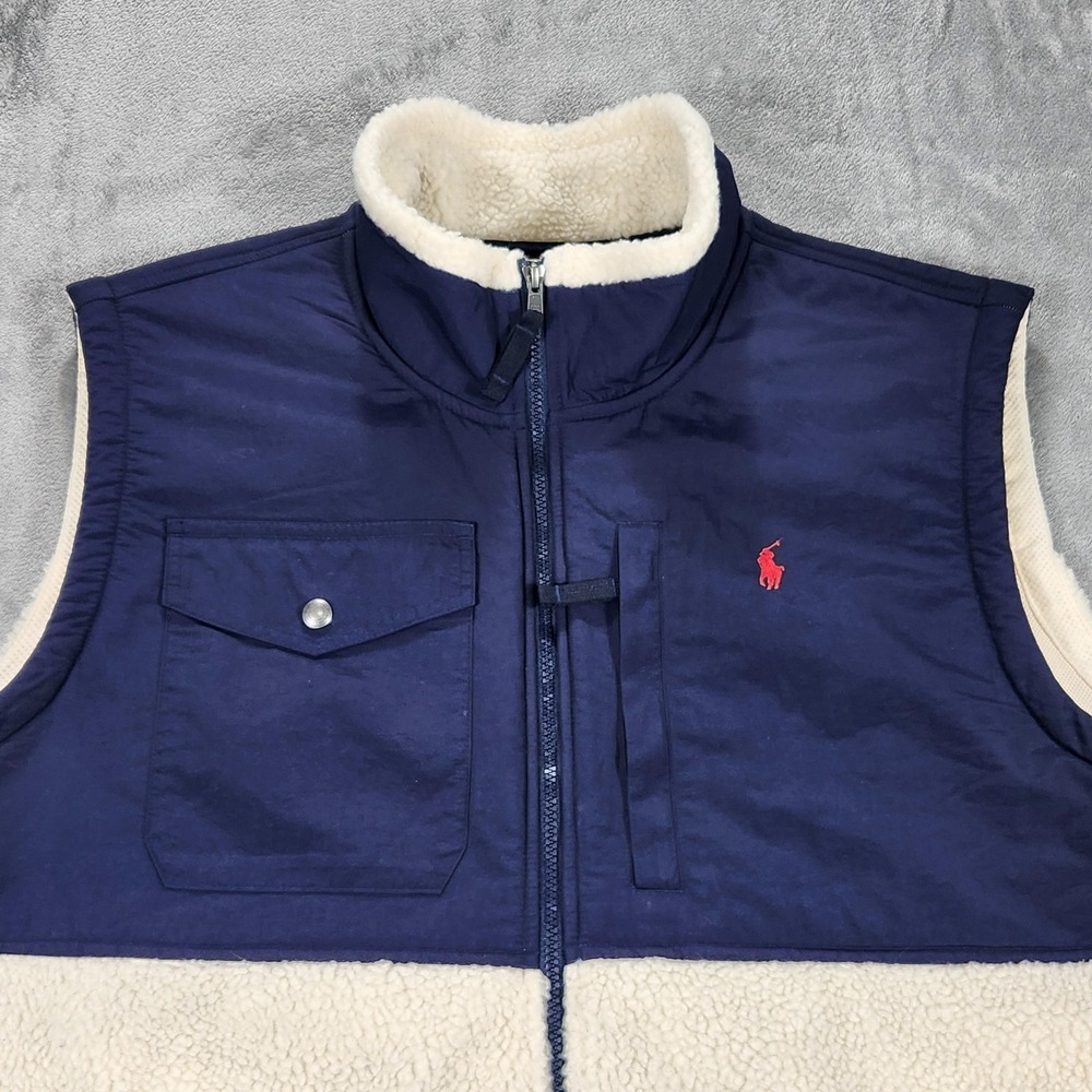 Polo Ralph Lauren Vest Mens 2XL White Sherpa Fleece Navy Yoke Outdoor Zip - Picture 3 of 11